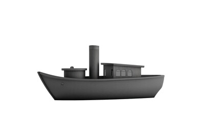 Steamship model with smoke, black wooden design, minimalist style, side view, isolated on transparent background, png