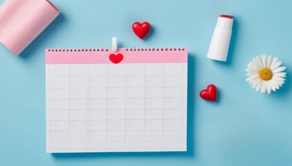 A pastel-themed workspace featuring a blank calendar, decorative hearts, a daisy, and cosmetic items. Suitable for planners and personal organization.