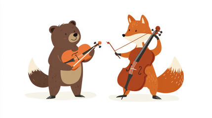 Cute cartoon animals playing music instrument for childish band concept. Vector illustration set of funny happy wild forest characters musicians - bear with contrabass or cello and fox with violin.