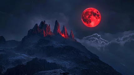 Gardinen Dramatic mountain peaks under a vibrant, red moon, creating a stark contrast against a deep blue sky. A mystical and surreal landscape. © Kieran
