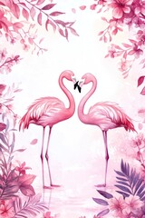 Obraz premium Two pink flamingos forming a heart shape surrounded by flowers