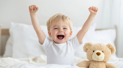 Happy Baby Stretching Arms in Morning Light with Teddy Bear on White Bed.
