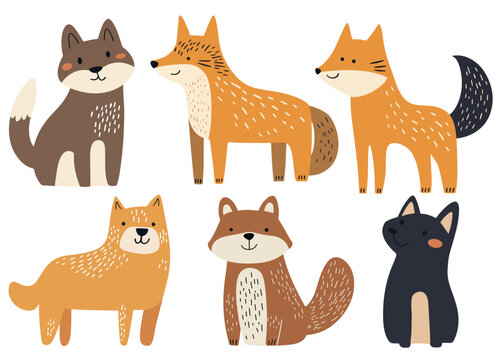 Clip art hand drawn vector illustration of multiple different cute funny foxes in a playful cartoon style, isolated on white background