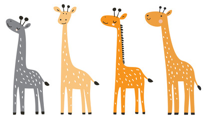 Clip art hand drawn vector illustration of four different cute funny giraffes in a playful doodle style, isolated on white background.