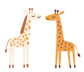 Clip art hand drawn vector illustration of two cute funny giraffes in a playful doodle style, isolated on white background.