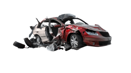 Wreckage: The aftermath of a devastating car crash. The vehicle, once a symbol of freedom and progress, is now a mangled heap of twisted metal, evoking strong emotions of loss.