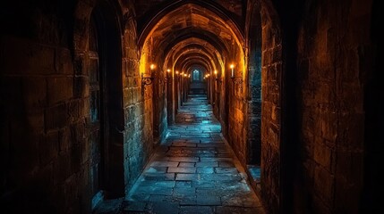 Fototapeta premium Dark, ancient stone corridor with arched doorways and dimly lit pathway