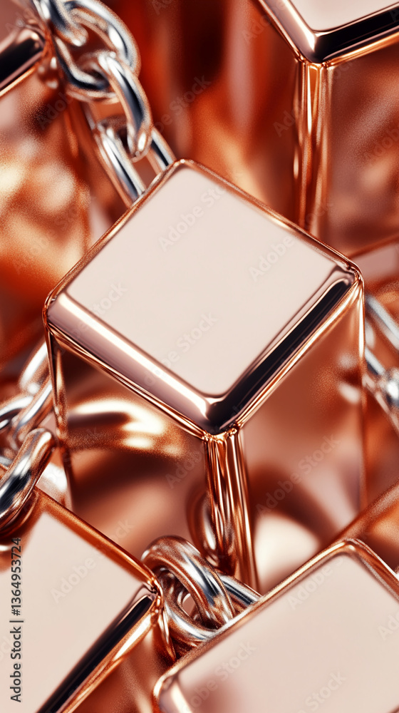 Poster rose gold cubes linked by a silver chain, creating a luxurious and interconnected texture, showcasin
