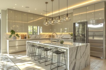 A modern kitchen interior featuring an island and bar stools