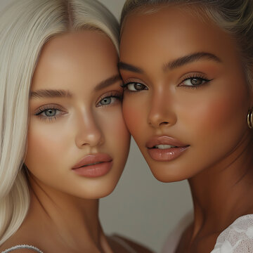 Close-up zweier Frauen mit unterschiedlichen Hautfarben, eine mit hellem Teint und platinblondem Haar, die andere mit dunklerem Hautton