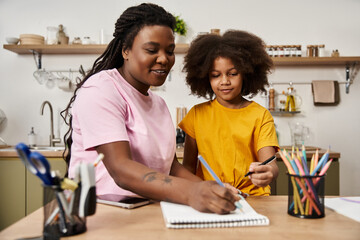 Loving family moment as mother and daughter create art together at home