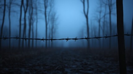 Twisted barbed wire against a blurred, shadowy backdrop evokes a stark and moody ambiance