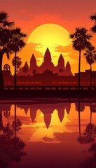 Cambodian silhouette background featuring Angkor Wat and palm trees with a warm gradient sky