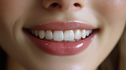 A woman's profile shows perfect lips and teeth after cosmetic treatment.
