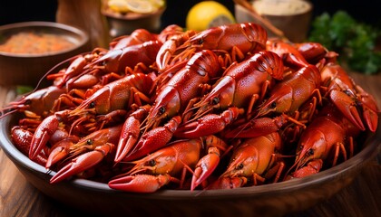 southern seafood feast with a close up view of a heaping pile of cooked crawfish arranged