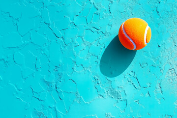 A tennis ball on a blue wall with a shadow
