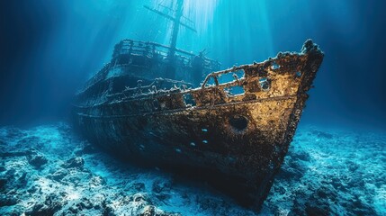 Sunbeams illuminate an ancient shipwreck resting on the ocean floor, surrounded by marine life