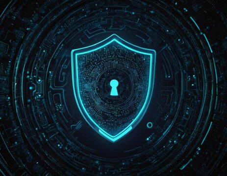 Security shield with symbolizes protection and safety on digital background. futuristic design conveys sense of trust and reliability