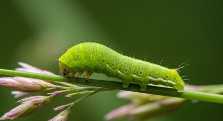 Vibrant green caterpillar crawls delicately on slender plant stem soft natural light. AI Generated