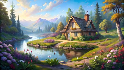 Fototapeta premium Lakeside Cottage in Mountain Valley