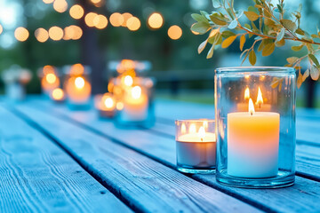 A row of lit candles sitting on top of a wooden table