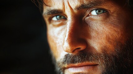 Obraz premium A detailed portrait capturing a somber man with unique facial characteristics and a thoughtful look