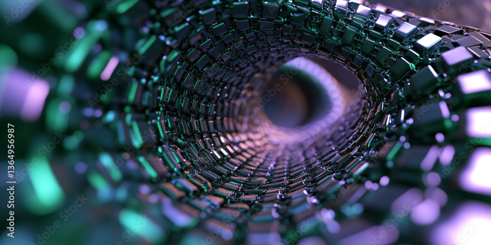 Poster Abstract image of a metallic tunnel formed by interconnected cubes, displaying a dark teal and purple hue, suggesting depth, technology, or a futuristic concept