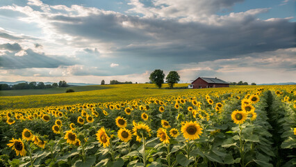 Obraz premium Blooming sunflower field with red barn under dramatic sky