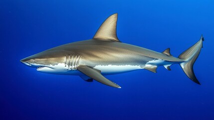 Fototapeta premium A sleek sandbar shark gracefully glides through the deep blue ocean, a majestic predator in its underwater realm with vibrant blue backdrop.