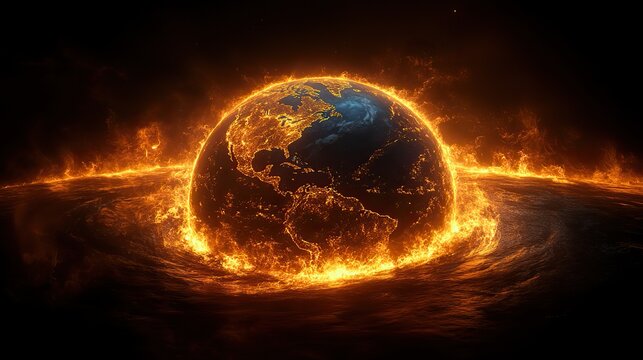 Against a black background, a ring of fire glows around planet Earth, symbolizing the urgent issues of global warming and climate change impacting the environment.