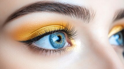Obraz premium A focused photograph of a human eye with vivid blue irises and shimmering, warm-toned eye makeup