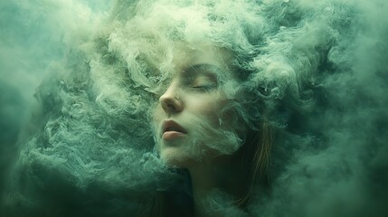 Against a foggy dreamlike background, a surreal portrait shows a woman with a swirling vortex of thoughts exploding from her head, symbolizing information overload, burnout, stress, migraine.