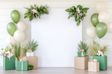 Elegant Green and Beige Balloon Party Backdrop with Gifts and Tropical Leaf Decorations