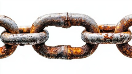 Fototapeta premium A close-up view of a rusted metal chain with frayed links on a white background, capturing the essence of rustic texture, industrial aesthetics, macro photography, worn metal, and vintage charm
