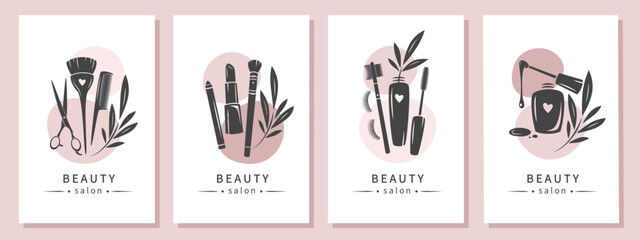 Set of elements and icons for beauty salon. Nail polish, makeup tools, cosmetic brushes, lipstick, eyelash extension, hairdresser tools. Vector illustrations for banner, cover, marketing.