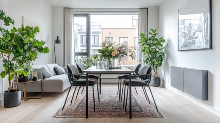 Modern dining room with large windows. Interior design showcasing plants, a light-colored sofa, and a wooden floor. Use for interior design magazines, home decor websites