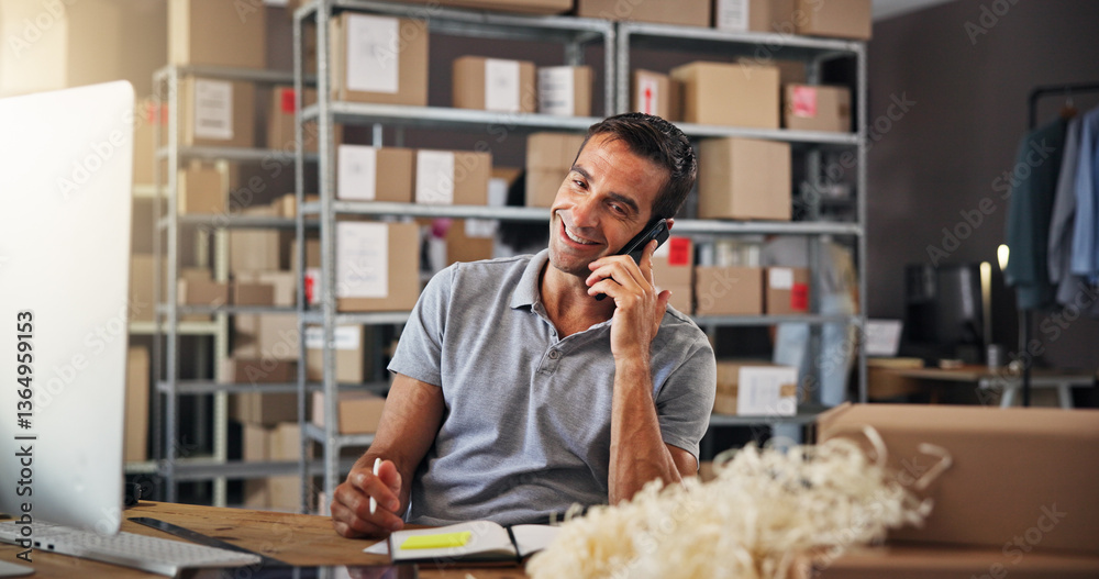Aufkleber computer, logistics and phone call with man in warehouse for communication or update. boxes, convers