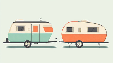 Camper trailers set isolated on white background. Vector cartoon illustration of retro vans with luggage on cabin, house on wheels for summer vacation travel and camping, contemporary style transport