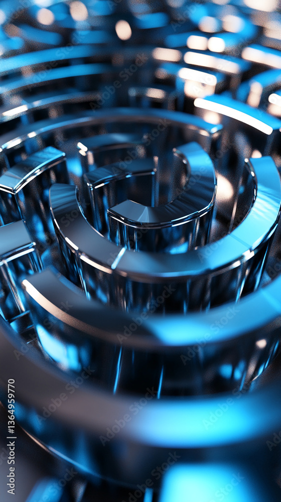 Poster abstract image of a metallic blue maze, showcasing a complex, intricate design with reflective surfa
