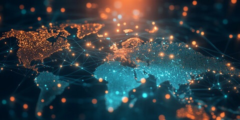 Stylized world map, glowing nodes forming continents, lines connecting them, suggesting global network, communication, or interconnectedness