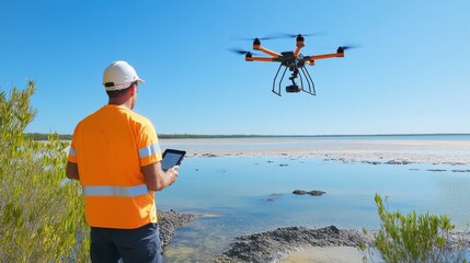 A drone pilot surveying coastal areas for environmental research, coastal landscape with drones flying over the water and ecological data visible, High-tech style