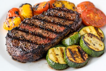 Grilled Beef Steak with Roasted Vegetables on White Plate for Healthy Gourmet Meal Presentation