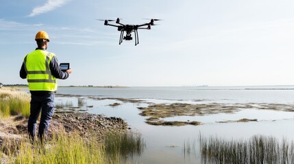 A drone pilot surveying coastal areas for environmental research, coastal landscape with drones flying over the water and ecological data visible, High-tech style