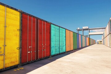 Fototapeta premium Colorful Cargo Containers Lined up at a Busy Port Under a Bright Sky. Generative AI