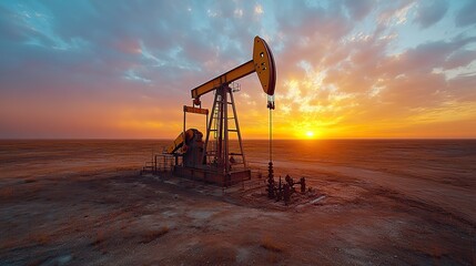 An oil pump extracts oil in an oilfield against a dramatic sky, showing oil pricing and pollution.
