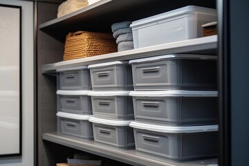 Neat Arrangement of Storage Containers Enhancing Closet Organization. Generative AI
