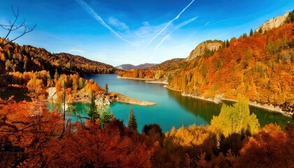 A crystal-clear mountain lake winds through a vibrant autumn forest, with orange, red, and golden trees under a bright blue sky.