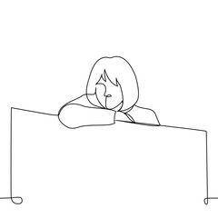 portrait of a woman leaning on a fence, his chin on her bent arm - one line art vector. concept reflection, low fence, peeping at neighbors