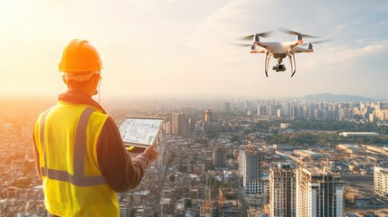 A drone survey technician mapping urban areas, aerial view with drones flying over cityscapes and mapping data on screens, High-tech style