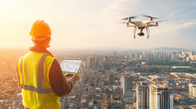 A drone survey technician mapping urban areas, aerial view with drones flying over cityscapes and mapping data on screens, High-tech style - Powered by Adobe